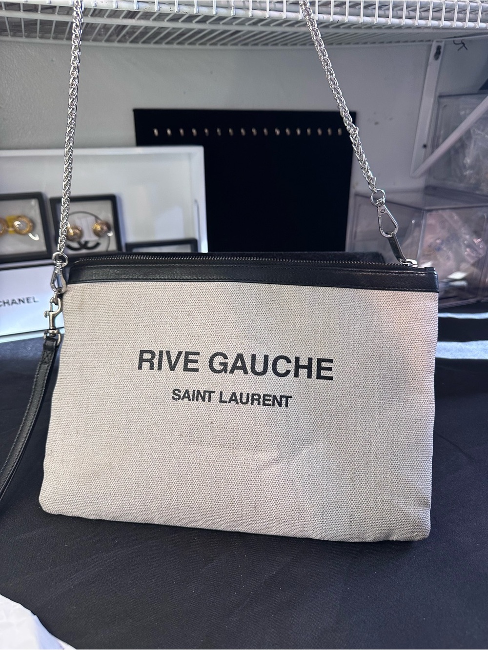 Saint Laurent Rive Gauche Crossbody/Clutch Bag Coated Canvas Leather Ivory Black - Picture 16 of 16
